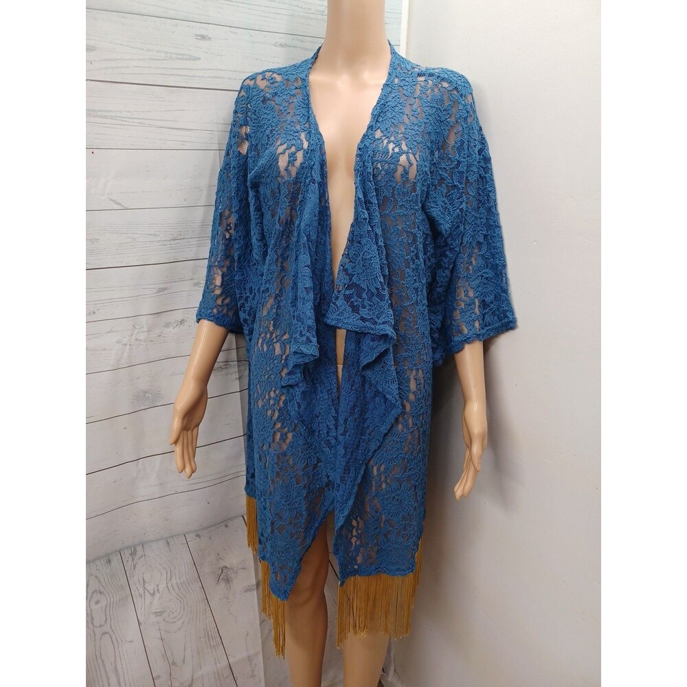 LuLaRoe Monroe Womens Blue L Short Sleeve Sheer Fringe Cardigan Floral Kimono